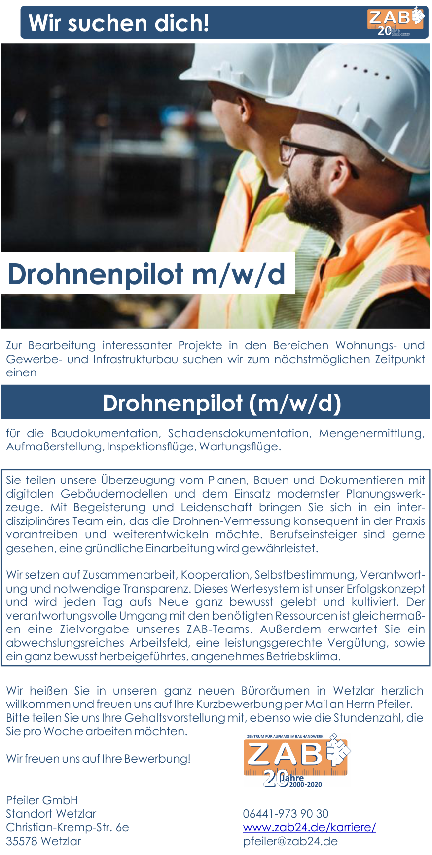 Drohnenpilot Karriere Job Stellen bei ZAB Pfeiler Projekt GmbH